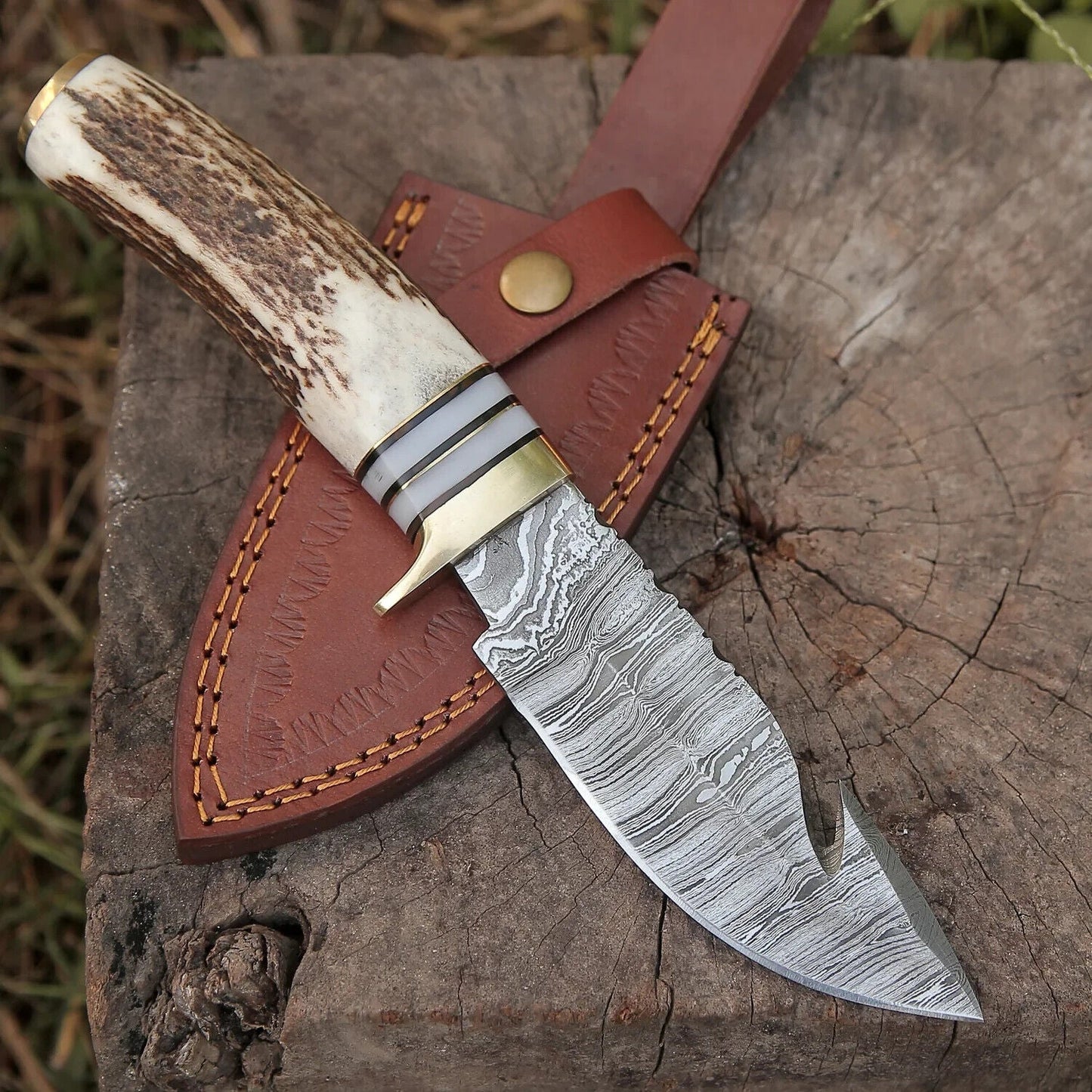 Artisan Crafted Damascus Steel Guthook Skinning Knife – 9" Stag Horn Handle with Brass Guard & Leather Sheath - Korvel
