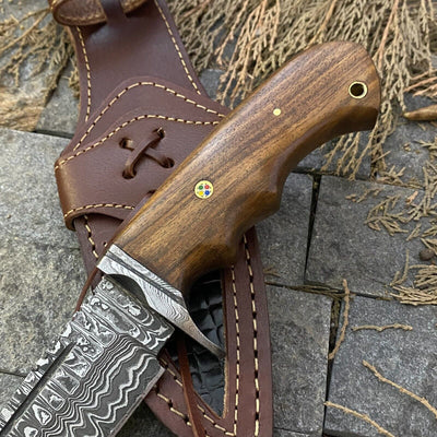 🔥 Exquisite Handmade Damascus Steel Hunting Knife – Elegant Rosewood Handle & Sturdy Leather Sheath - Korvel