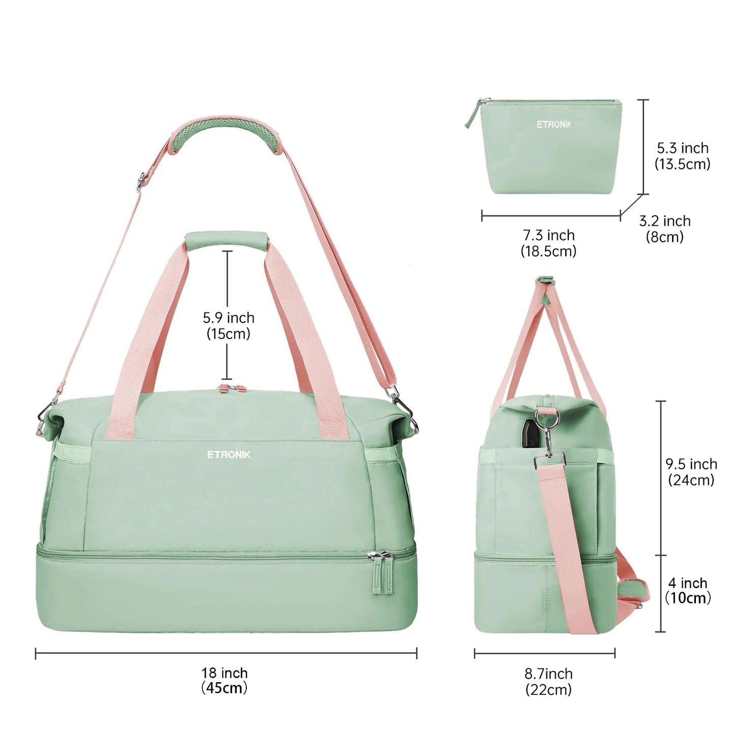 Bolsa de gimnasio ETRONIK para mujer con puerto USB y bolsillo húmedo