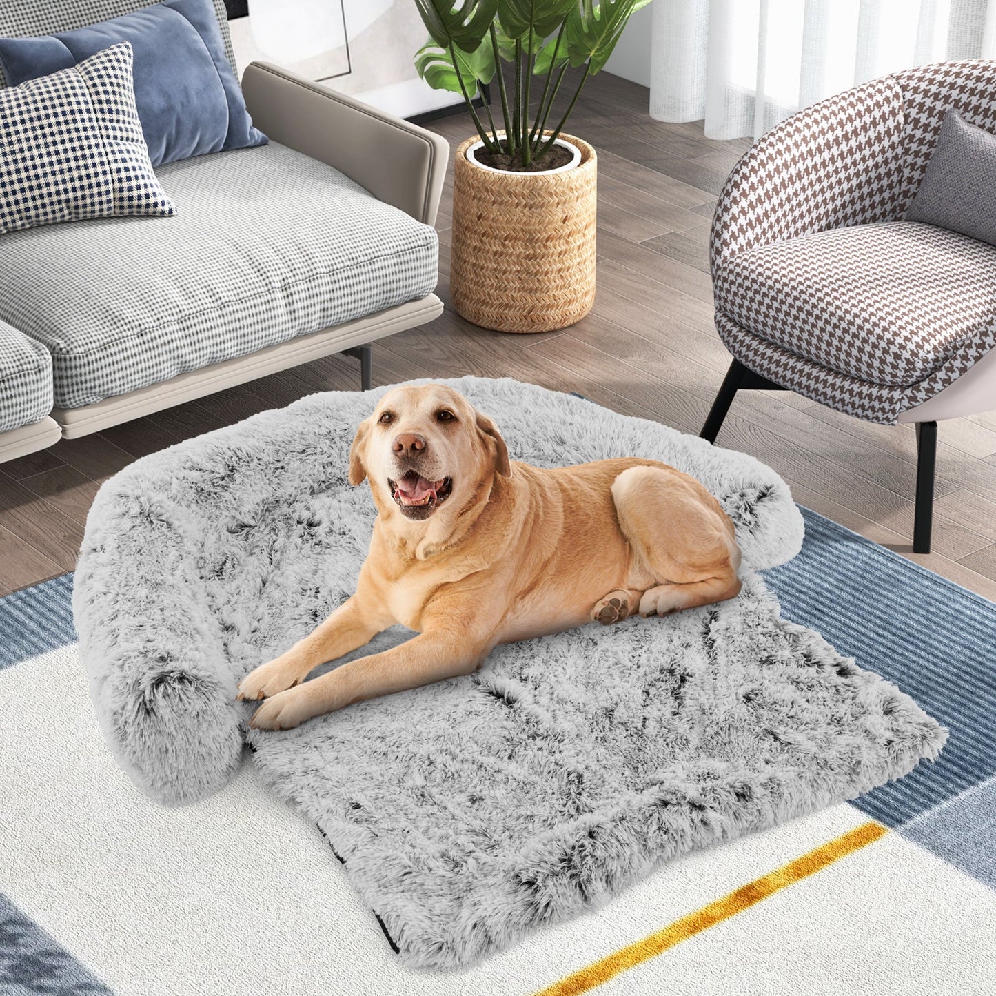 Lit de chien apaisant en peluche grise avec fond antidérapant - Grand