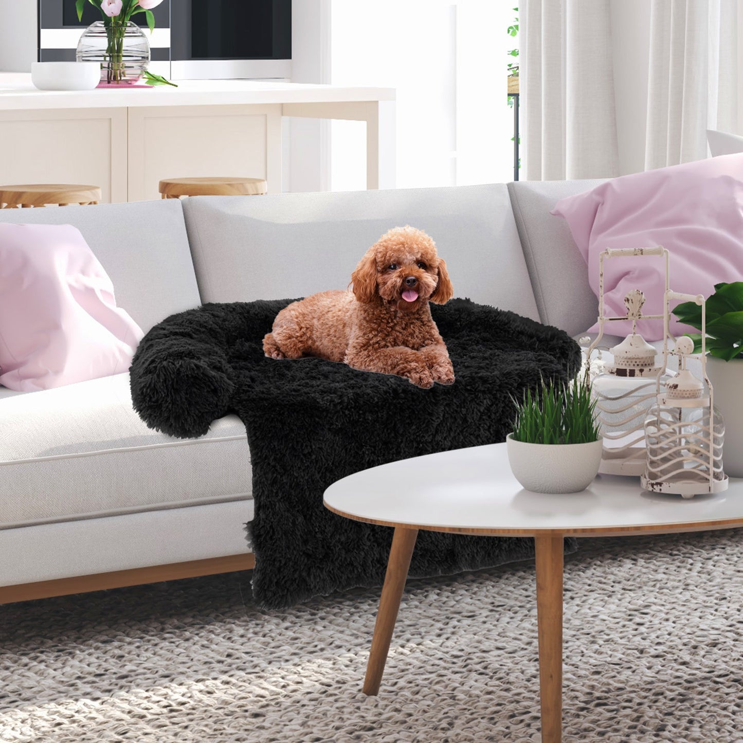 Cama Sofá de Perro de Felpa Calmante con Fondo Antideslizante