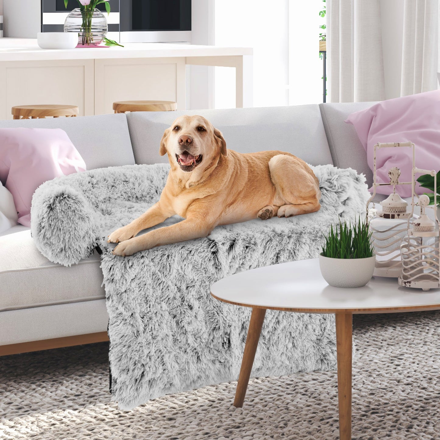 Lit de chien apaisant en peluche grise avec fond antidérapant - Grand