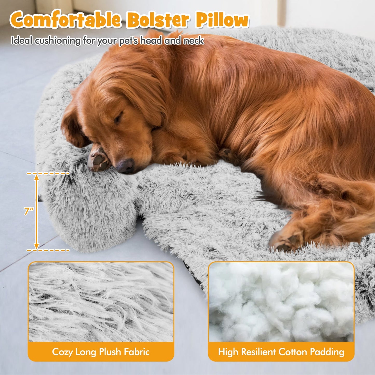 Lit de chien apaisant en peluche grise avec fond antidérapant - Grand