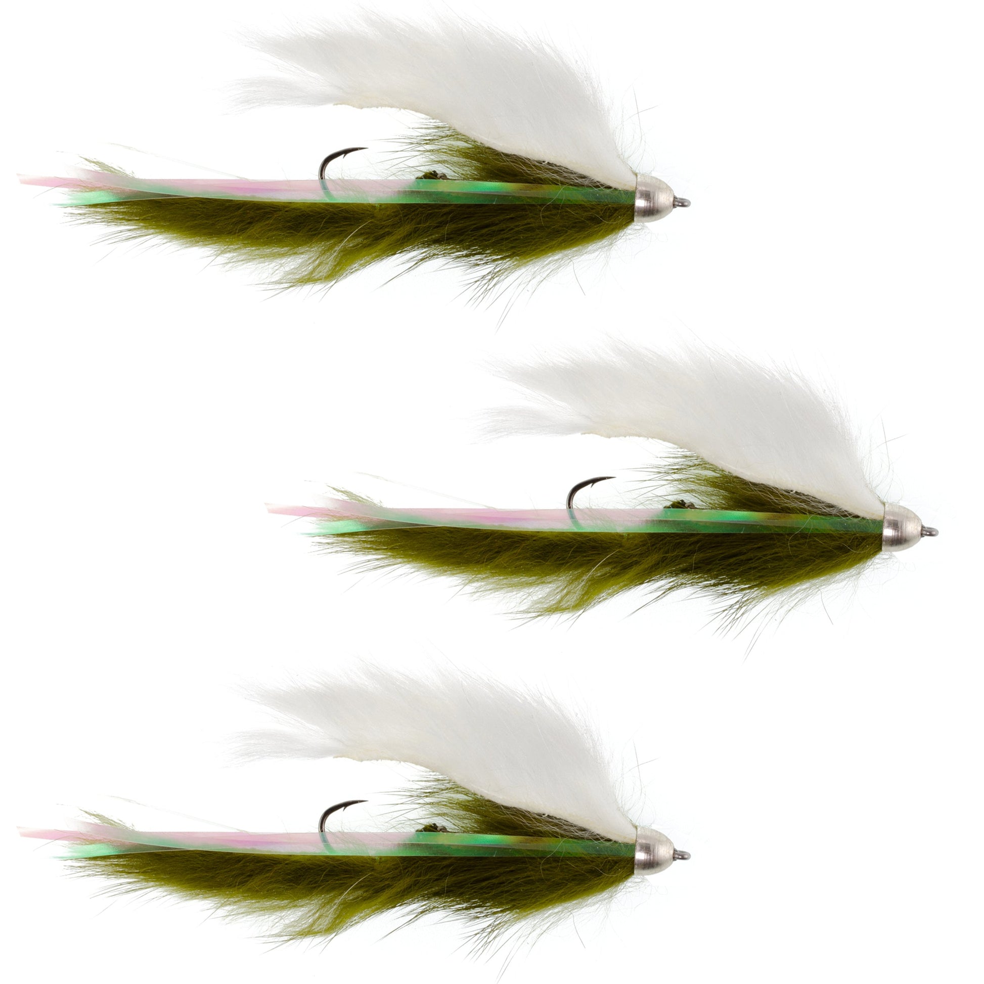 Dolly Llama Stinger Streamer Flies - 3 Pack of Olive & White Steelhead Trout Flies - Size 4 - Korvel