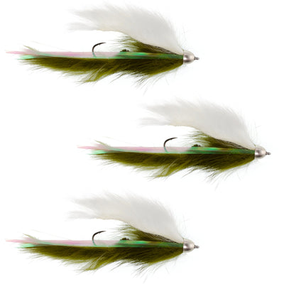 Dolly Llama Stinger Streamer Flies - 3 Pack of Olive & White Steelhead Trout Flies - Size 4 - Korvel