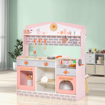 Double-Sided Kids Play Kitchen Set with Canopy and Seats