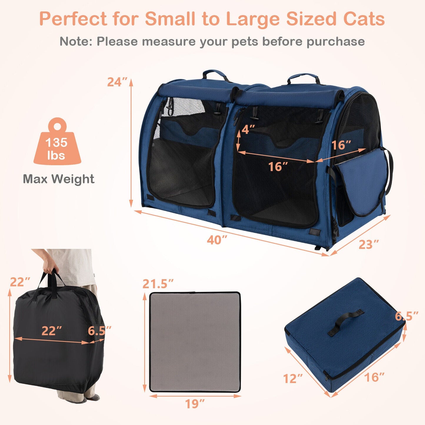 Transporteur pour animaux à double compartiment avec hamacs amovibles - Marine