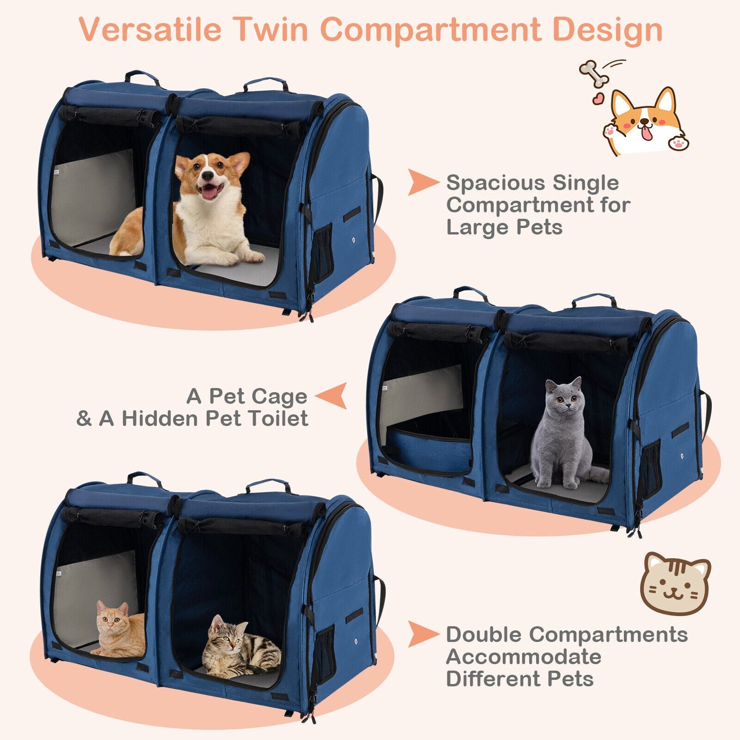 Transporteur pour animaux à double compartiment avec hamacs amovibles - Marine
