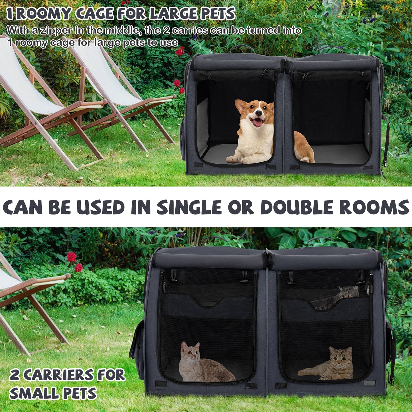 Transporteur pour animaux à double compartiment avec hamacs amovibles - Noir