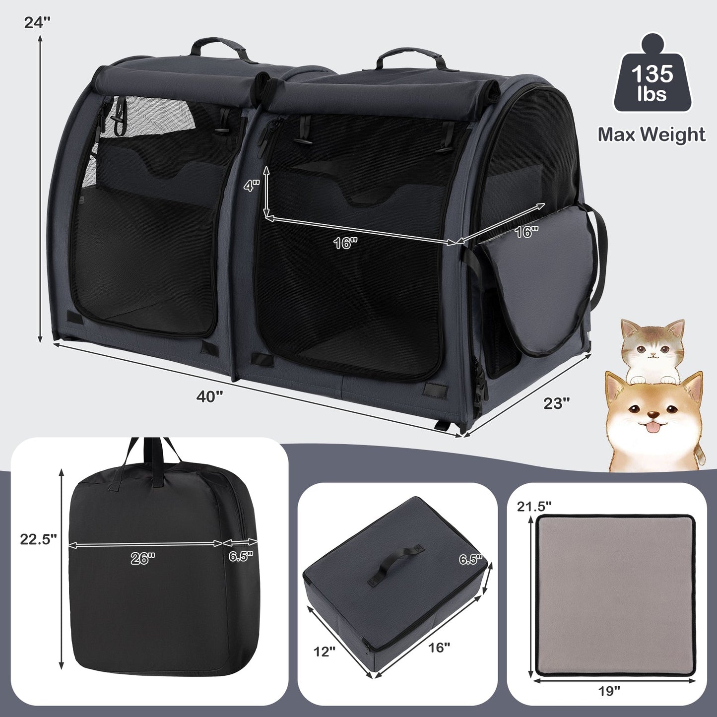 Transporteur pour animaux à double compartiment avec hamacs amovibles - Noir