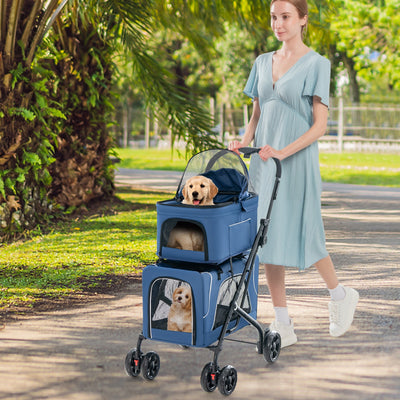 Poussette Double pour Animaux - Poussette 3-en-1 Pliable avec Transporteurs Détachables - Bleu