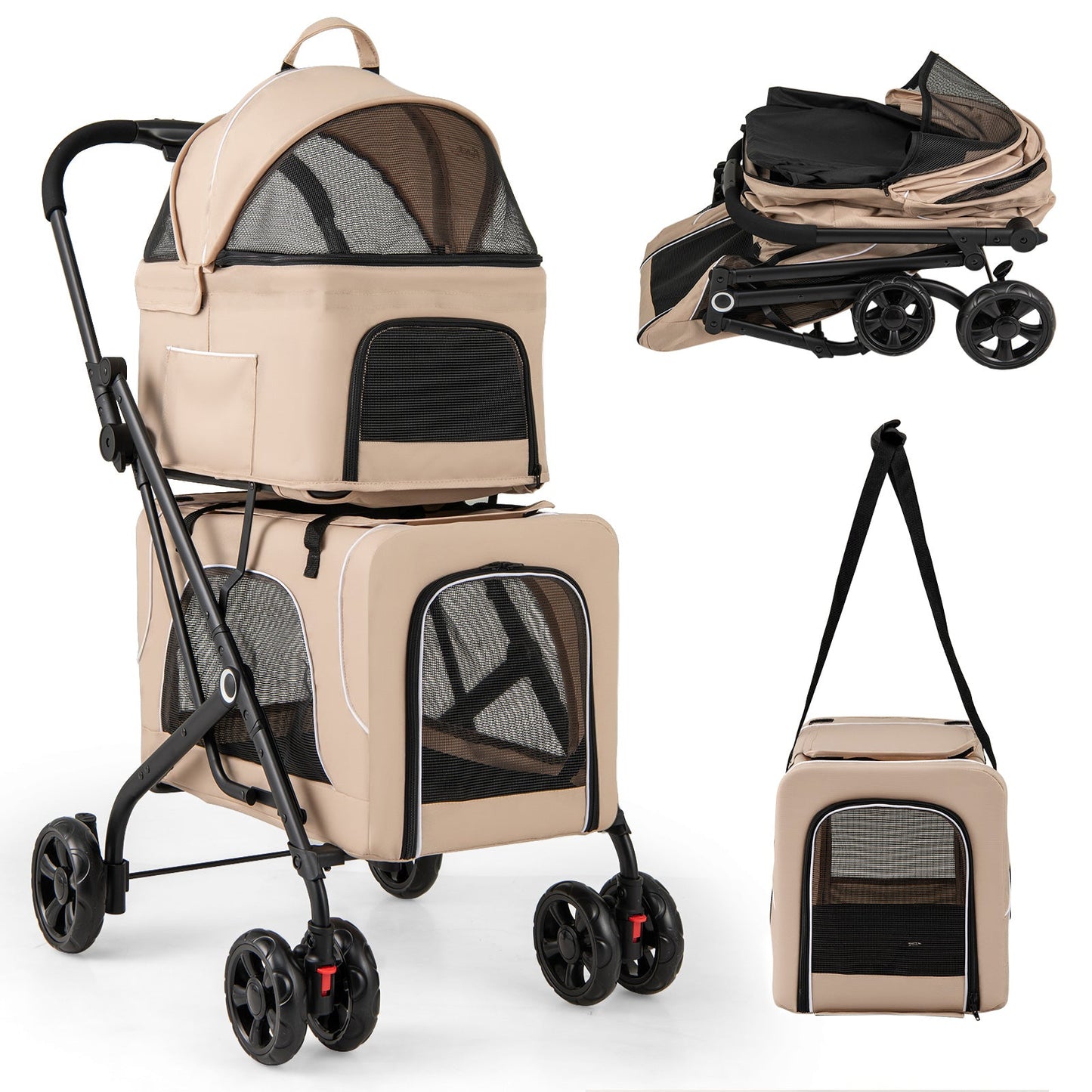 Double Pet Stroller 3-in-1 with Detachable Carriers - Beige