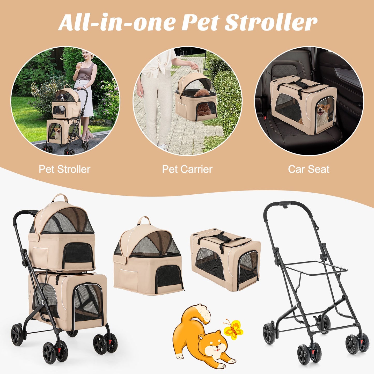 Double Pet Stroller 3-in-1 with Detachable Carriers - Beige