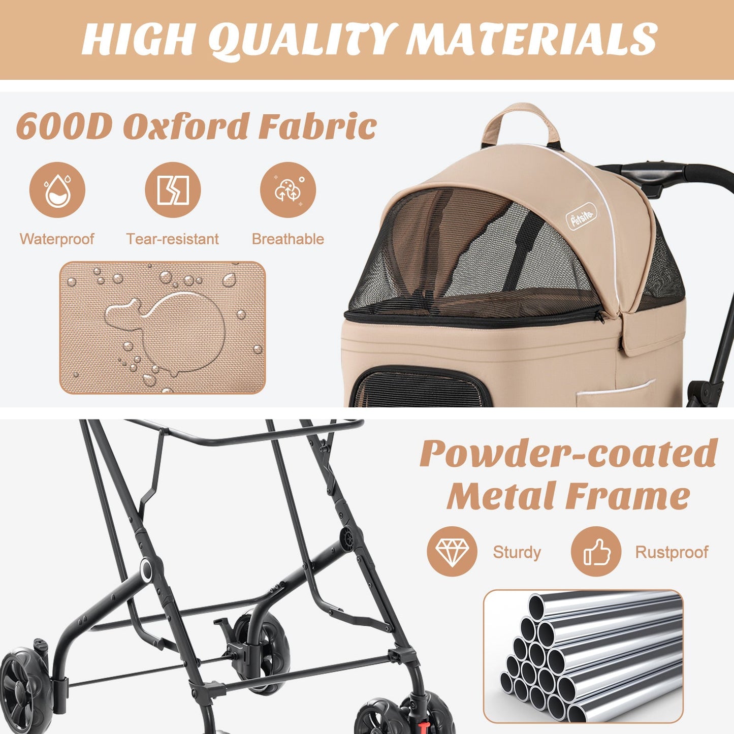 Double Pet Stroller 3-in-1 with Detachable Carriers - Beige