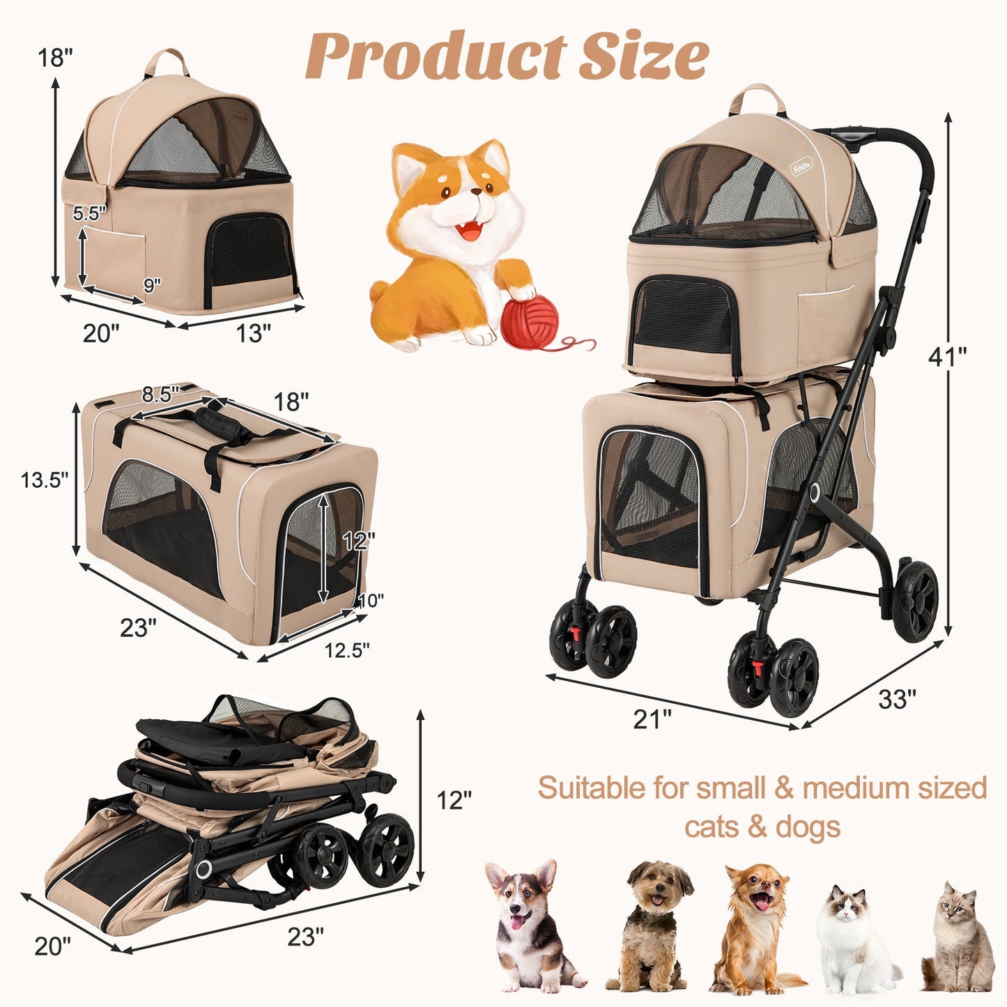 Double Pet Stroller 3-in-1 with Detachable Carriers - Beige