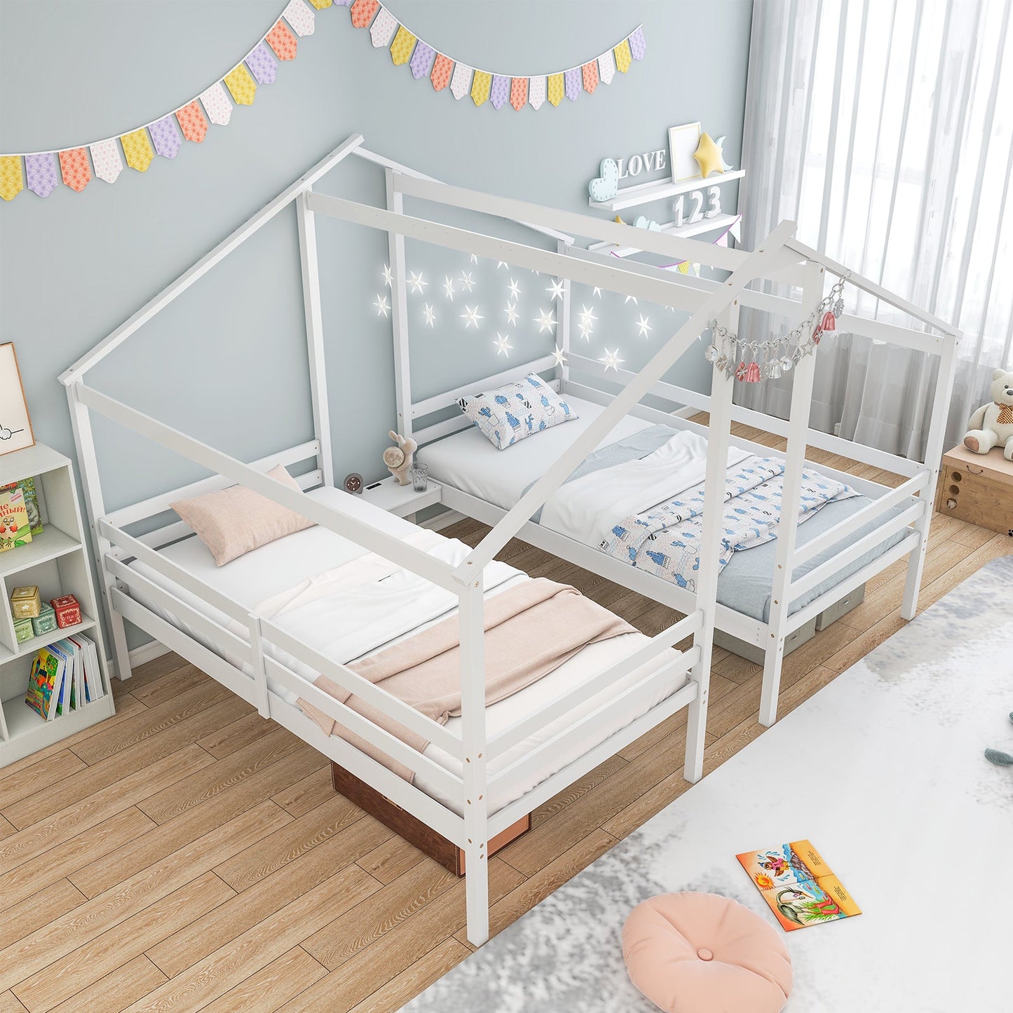 Marco de cama de madera de tamaño doble twin con mesa incorporada para niños - Blanco