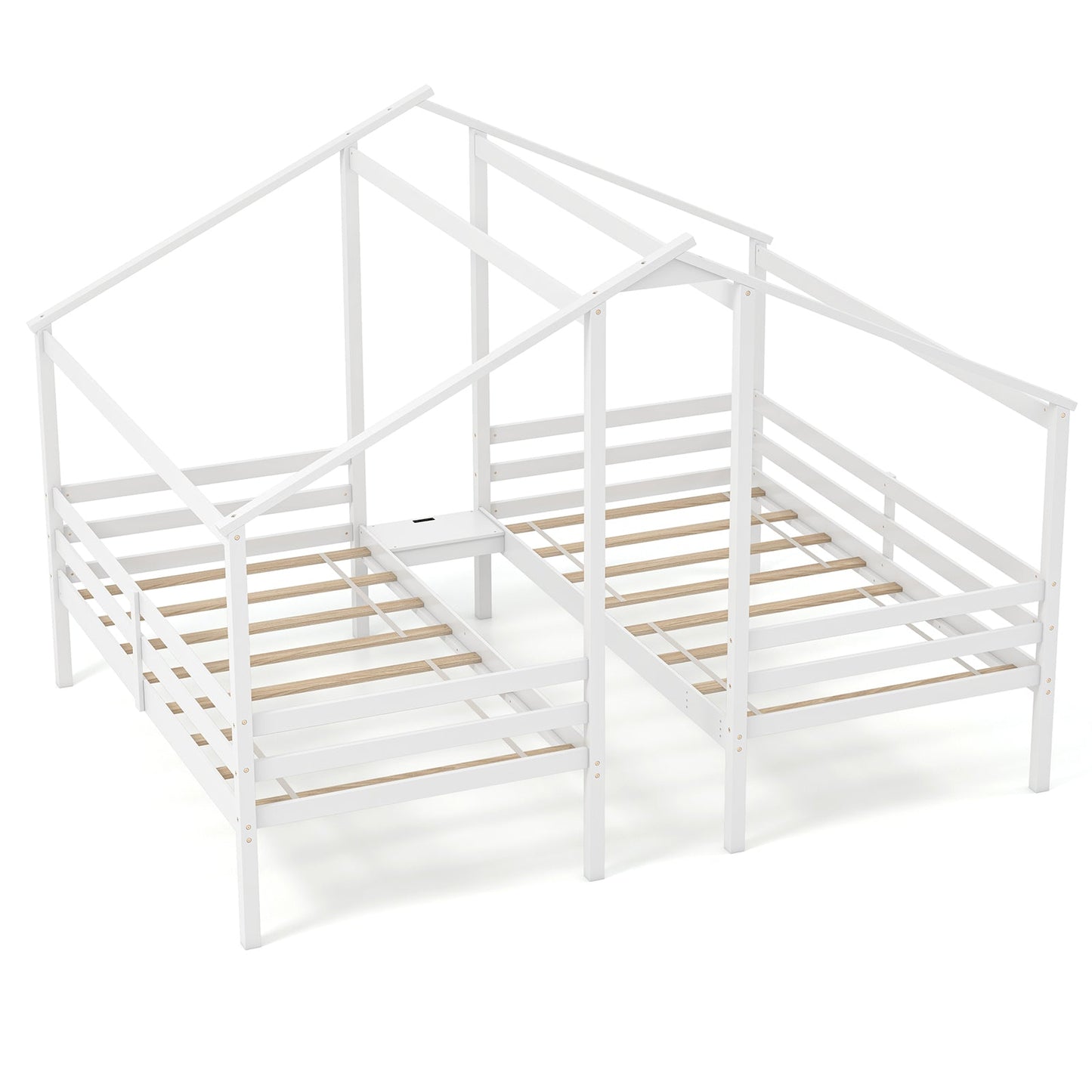 Marco de cama de madera de tamaño doble twin con mesa incorporada para niños - Blanco