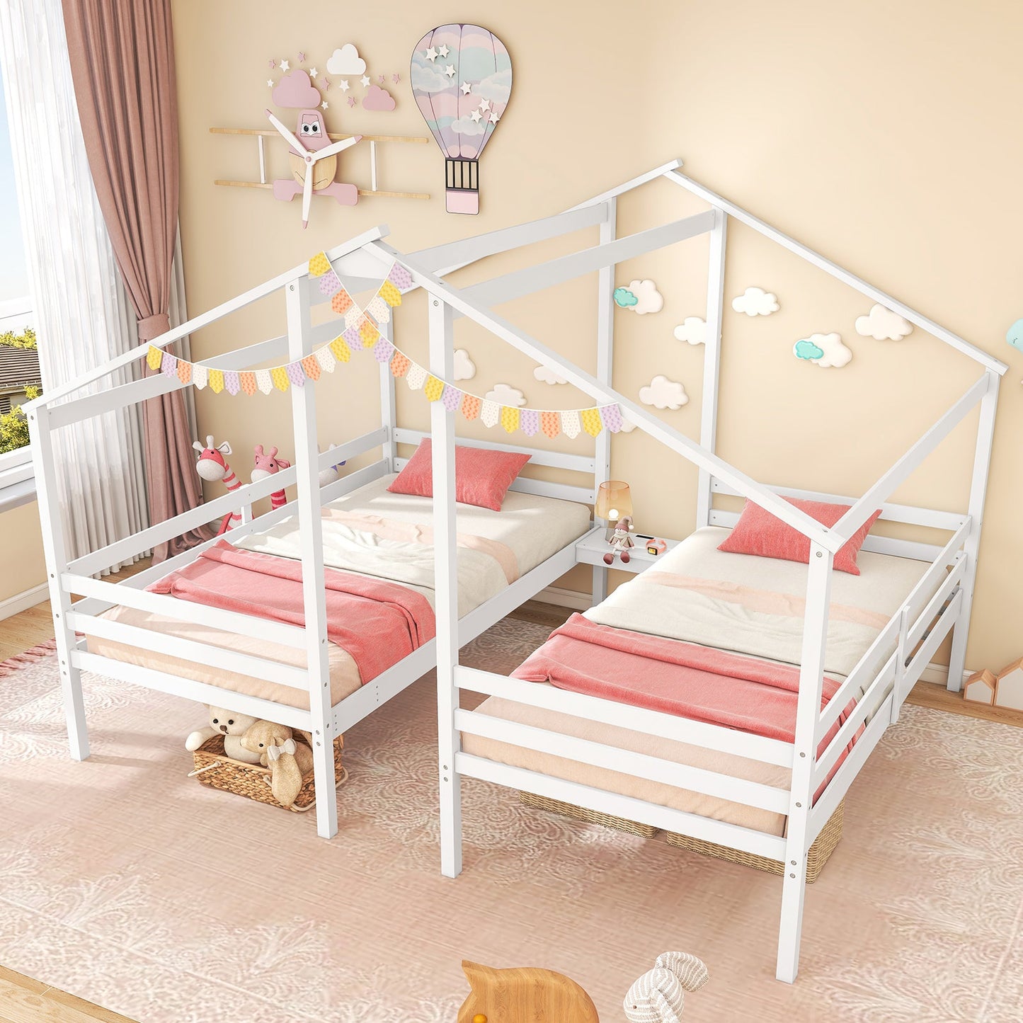 Marco de cama de madera de tamaño doble twin con mesa incorporada para niños - Blanco