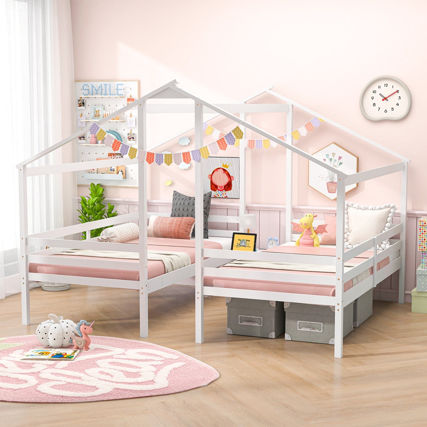 Marco de cama de madera de tamaño doble twin con mesa incorporada para niños - Blanco