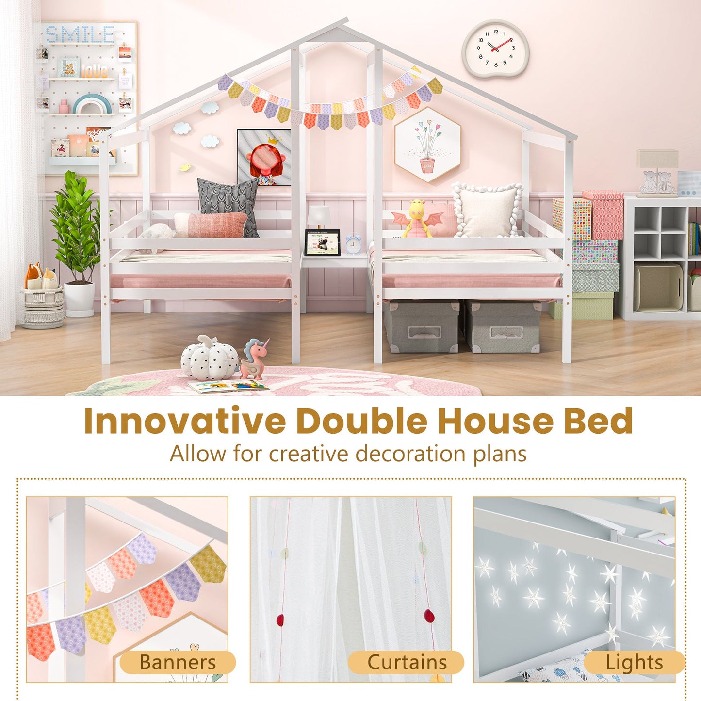 Marco de cama de madera de tamaño doble twin con mesa incorporada para niños - Blanco