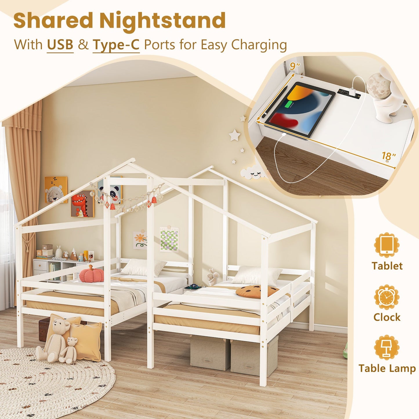 Marco de cama de madera de tamaño doble twin con mesa incorporada para niños - Blanco