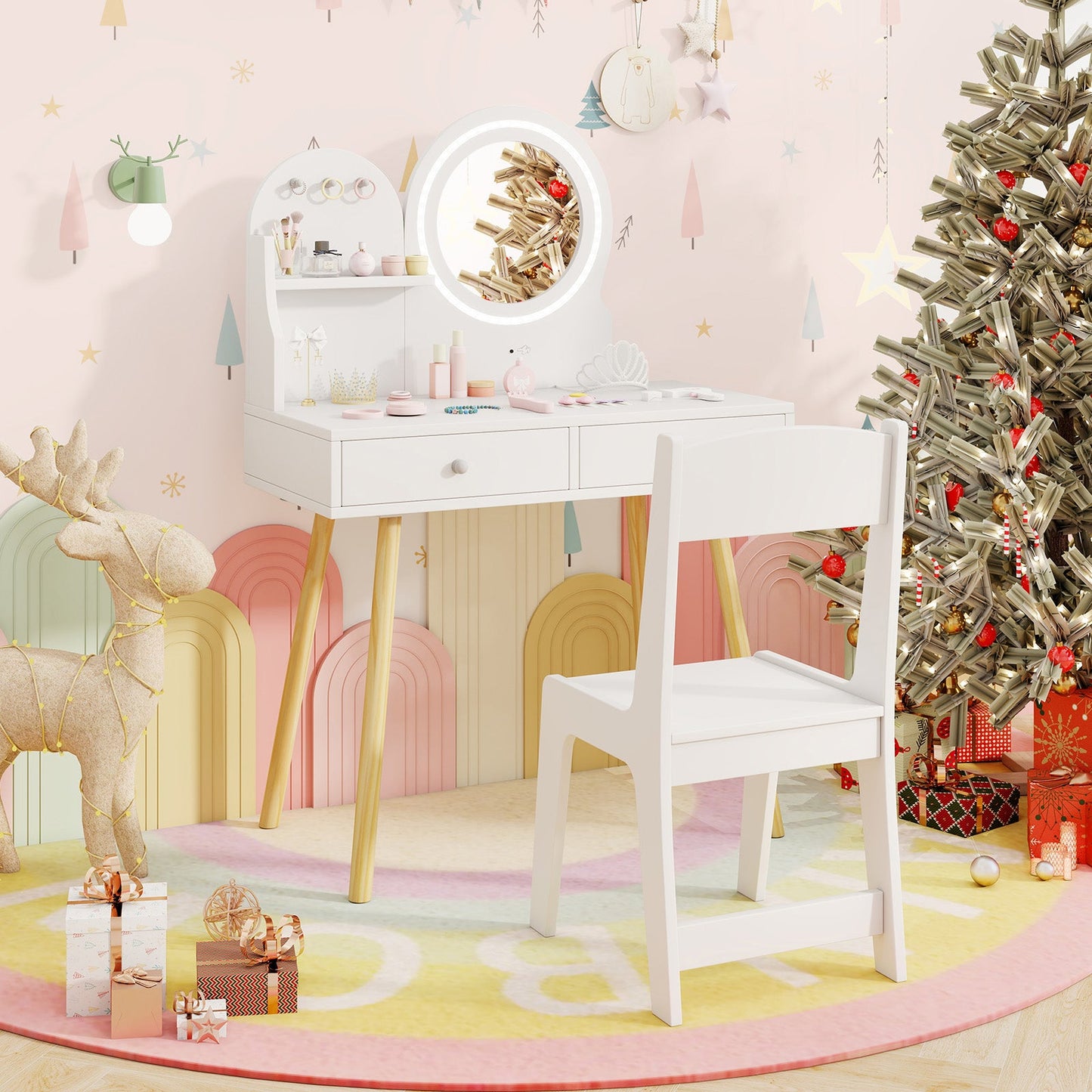 Ensemble de bureau et chaise de maquillage pour enfants princesse avec miroir et lumières
