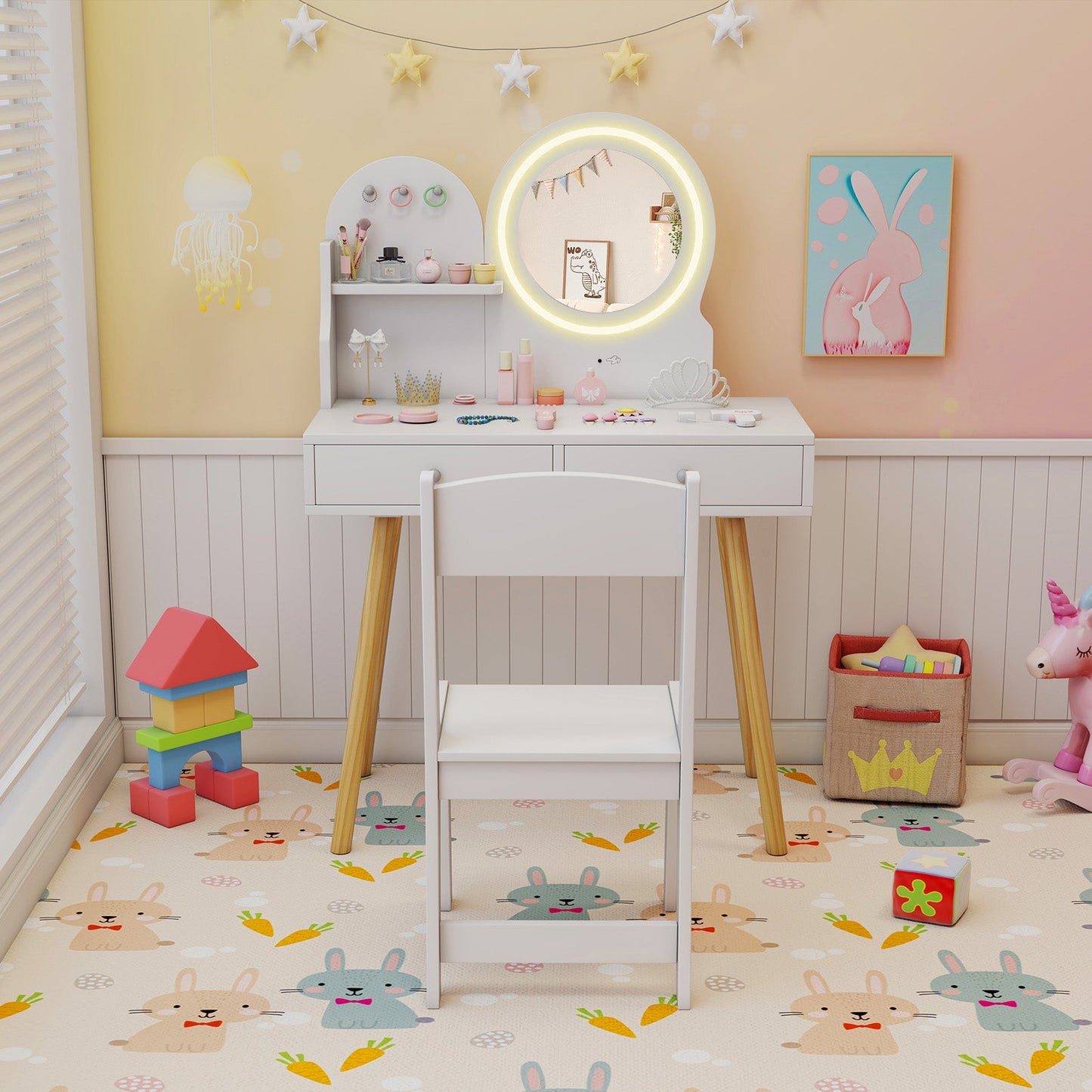 Ensemble de bureau et chaise de maquillage pour enfants princesse avec miroir et lumières
