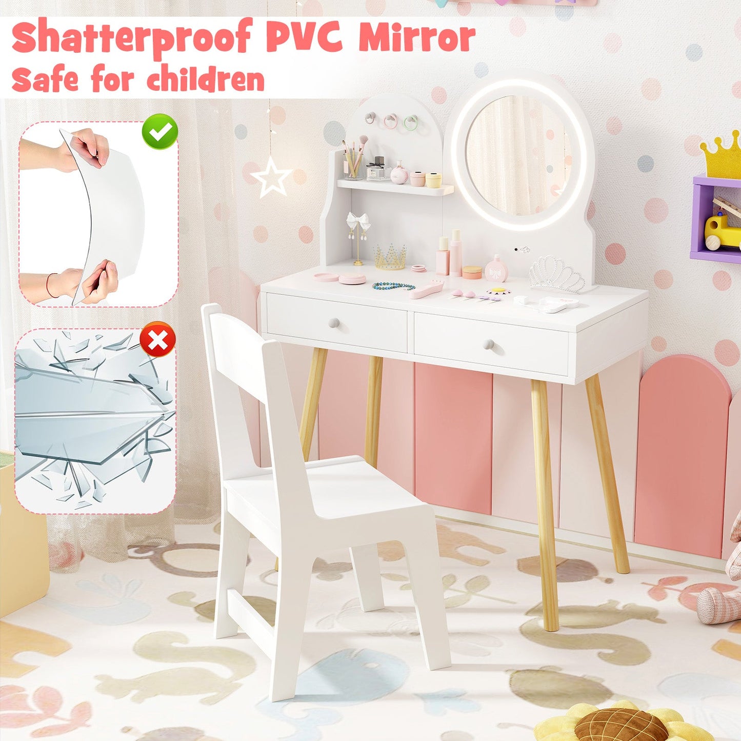 Ensemble de bureau et chaise de maquillage pour enfants princesse avec miroir et lumières