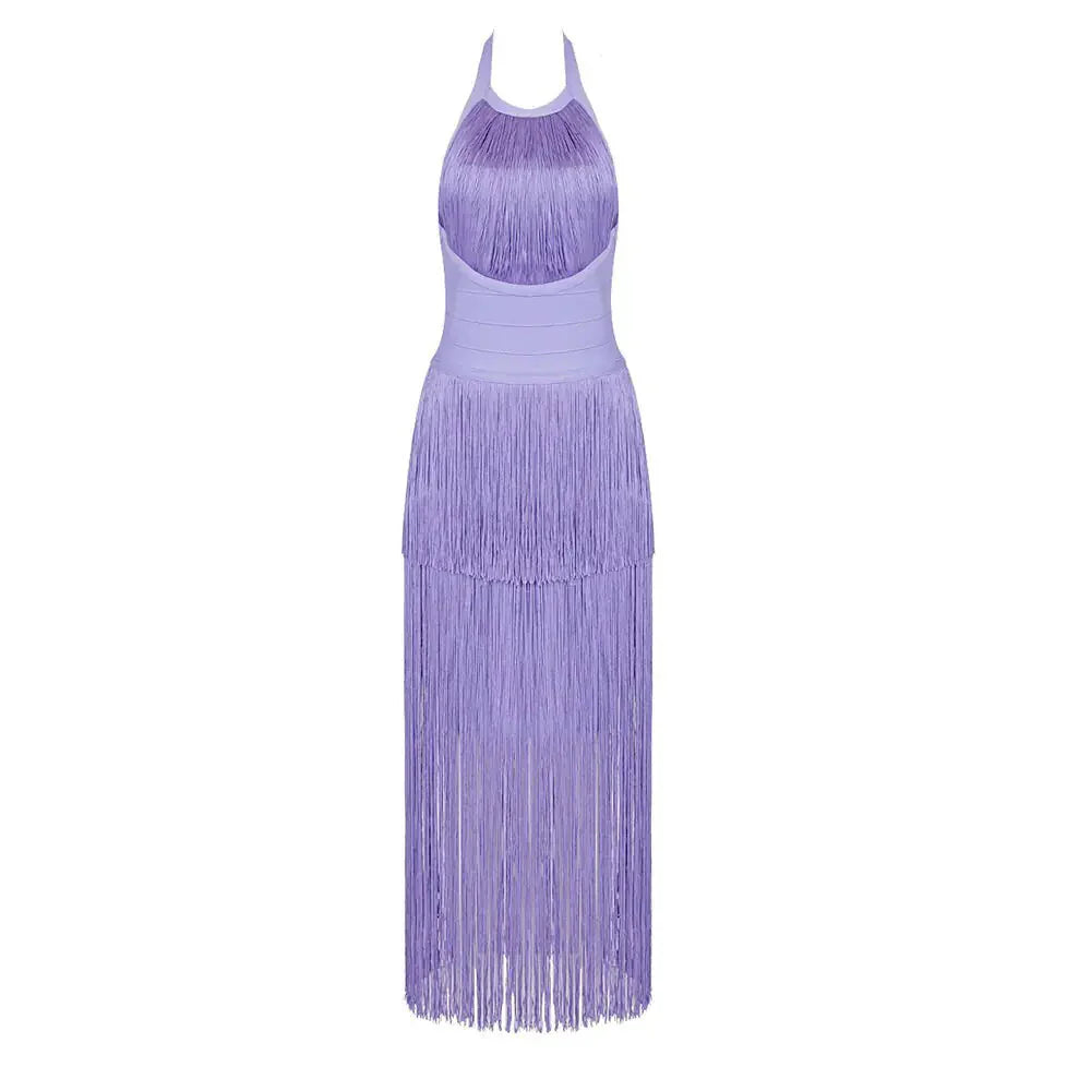 Robe dos nu à col halter avec franges