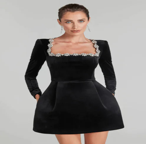 Chloe™ Elegant Summer Long Sleeve Dress with Rhinestones