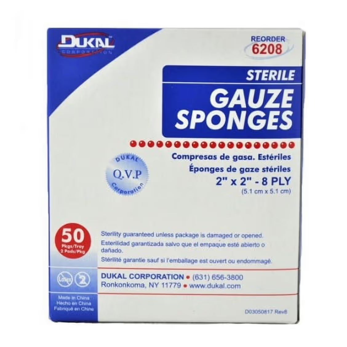 Éponges de gaze stériles Dukal, 2" x 2", 8 couches - 24 caisses de 50 paquets