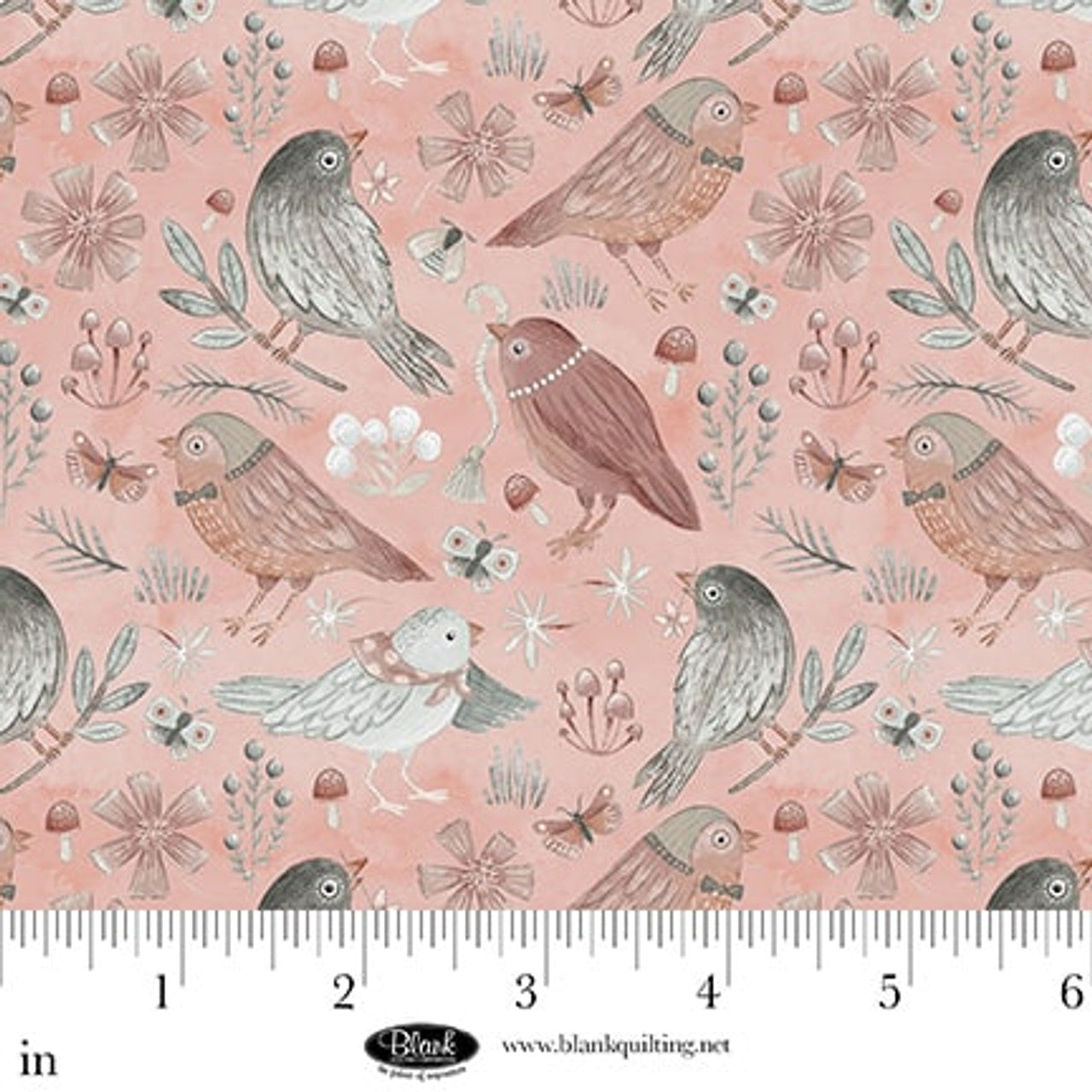 Tissu en coton Pétales d'oiseaux rose poussiéreux et pewter 44"/45" par yard