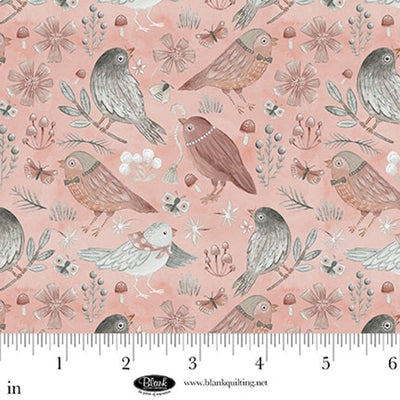 Dusty Rose Birds Petals & Pewter Cotton Fabric 44"/45" Per Yard