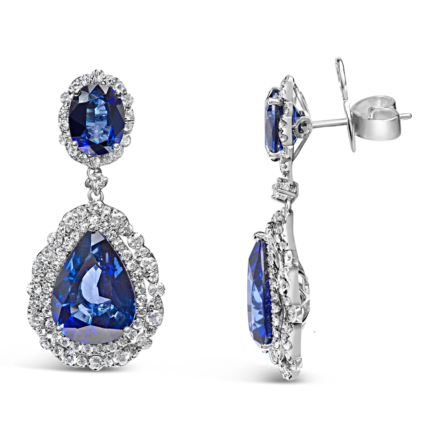 Boucles d'oreilles pendantes en or blanc 18K avec saphirs bleus et halo de diamants