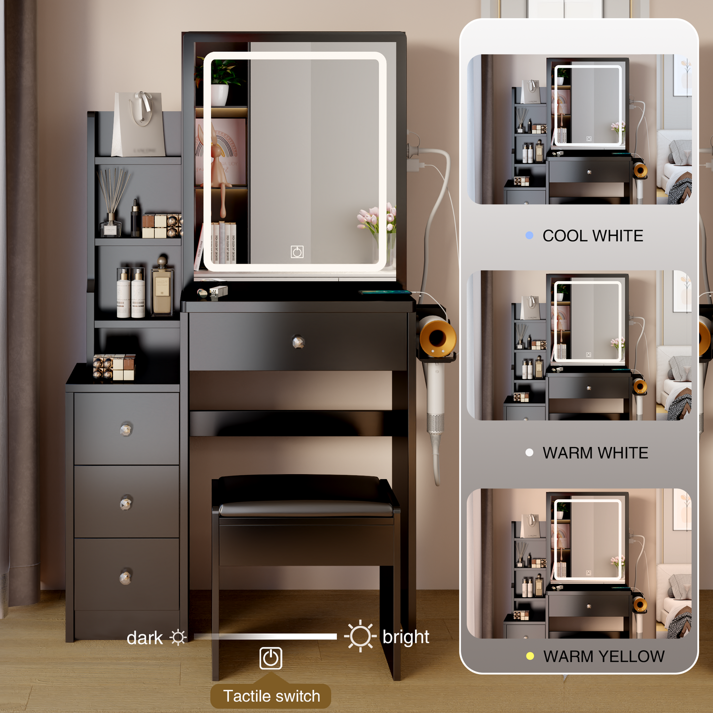 Elegant Dressing Table with Cushioned Stool and LED Mirror