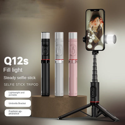 Mobile Phone Bluetooth Selfie Stick with Rotating Fill Light and Hidden Tripod Live Streaming Stand - Korvel