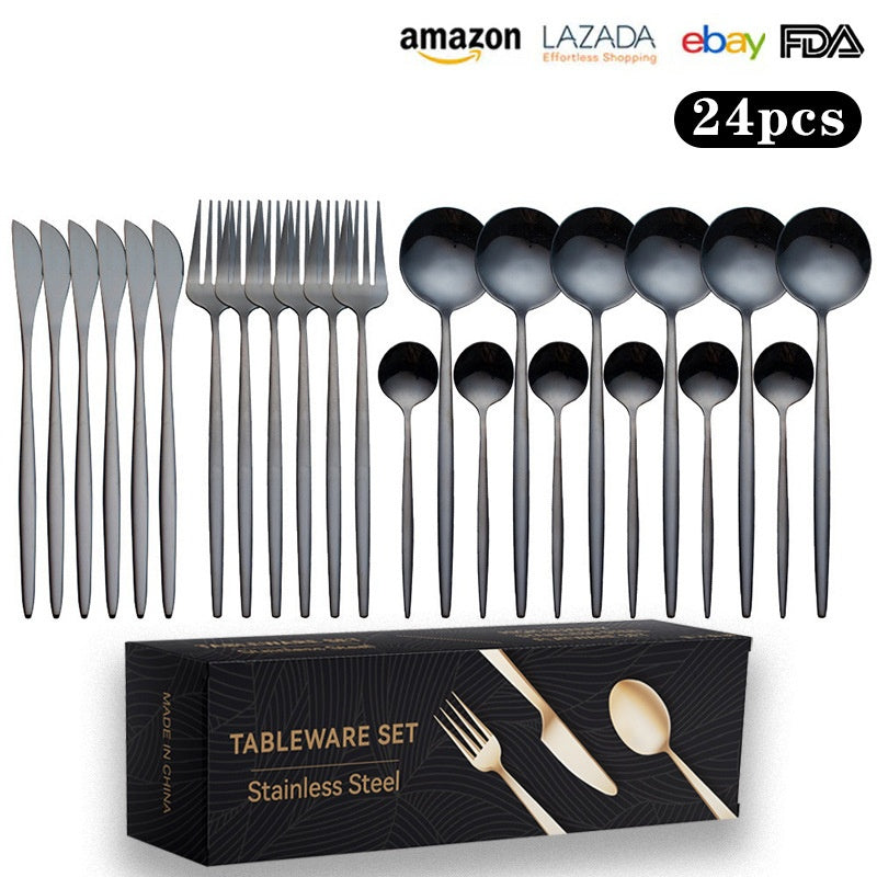 Cutlery Set Stainless Steel Knife Fork Set 24-Piece Tableware Set Golden Steak Knife Fork Spoon 6-Person Set - Korvel