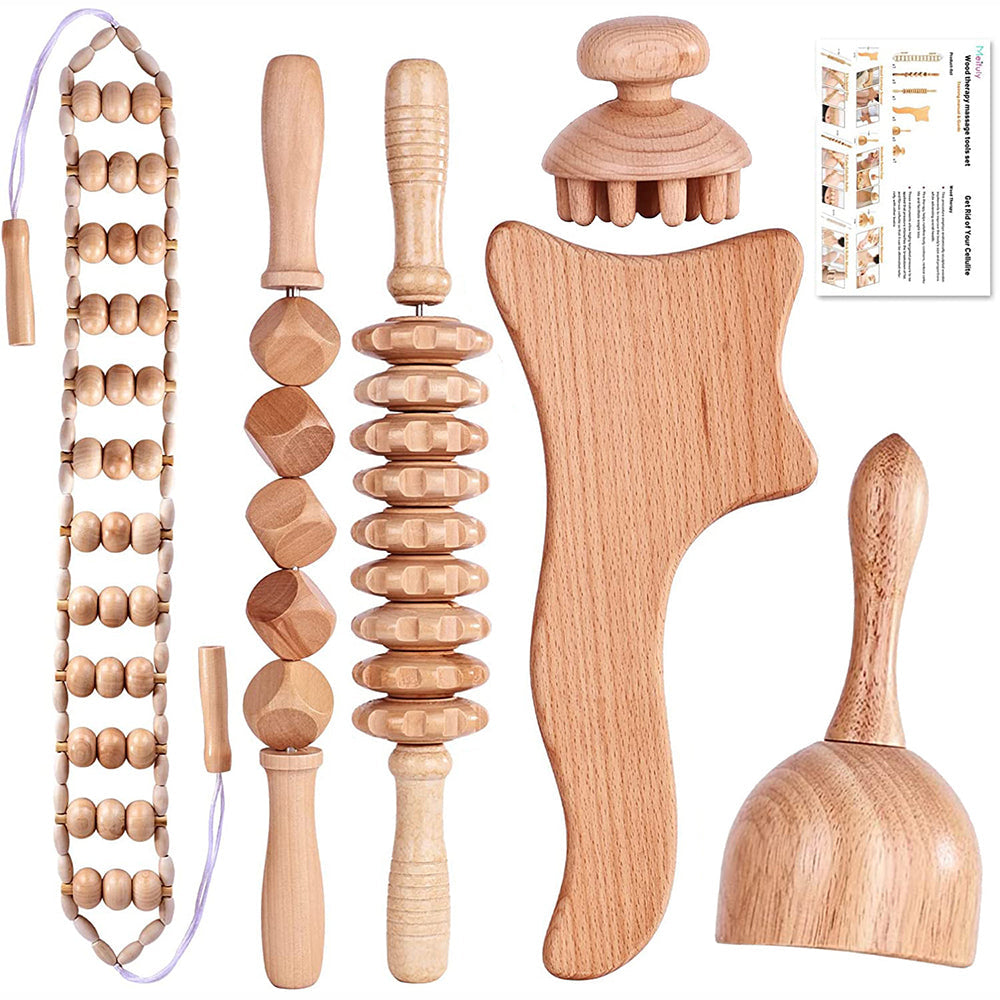 Beech wood therapy scraping cup, meridian dredging roller, tendon rolling stick, scraping board, head massager, massage set - Korvel