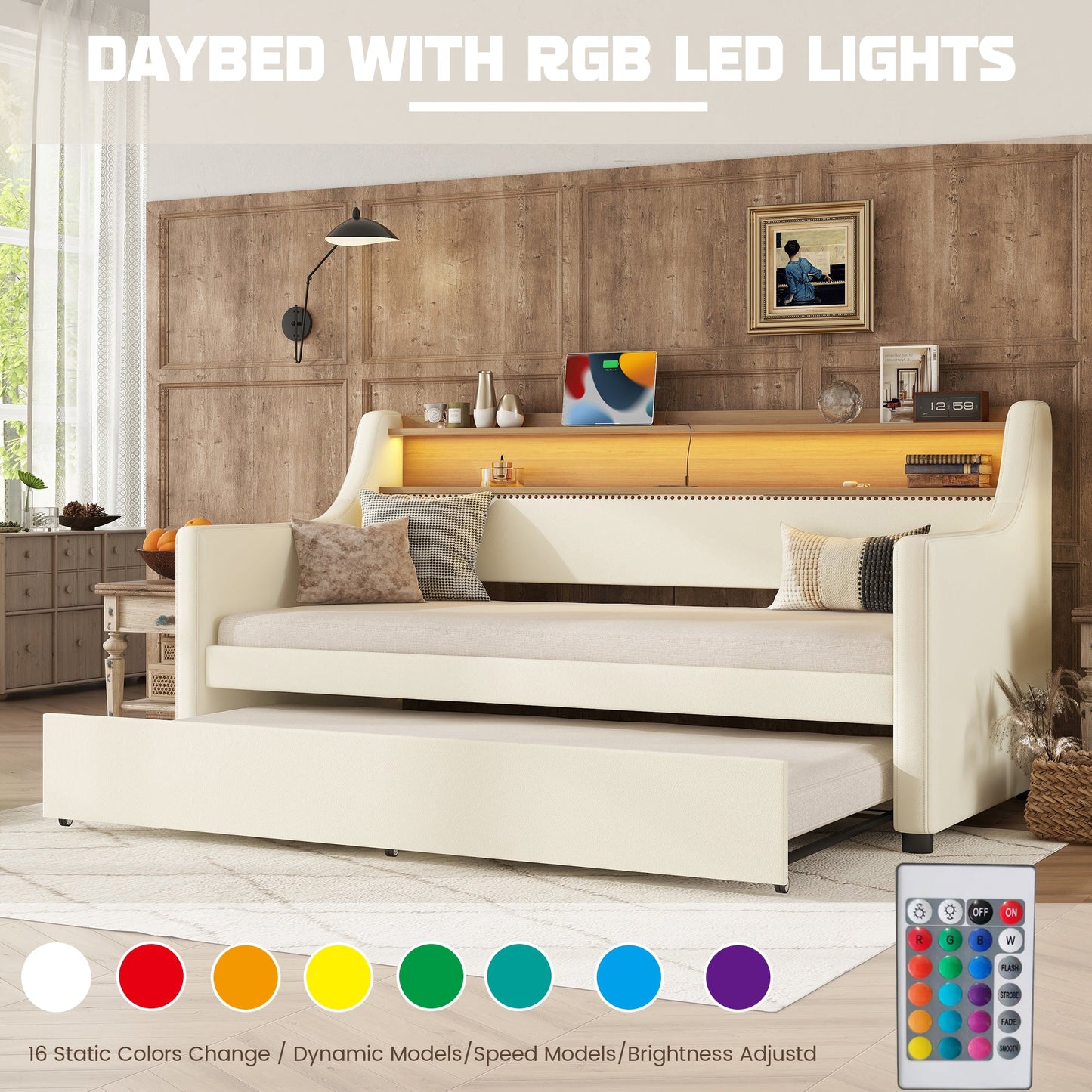 Twin Size Daybed with Trundle, Upholstered Daybed with Charging Station and LED Lights, White - Korvel
