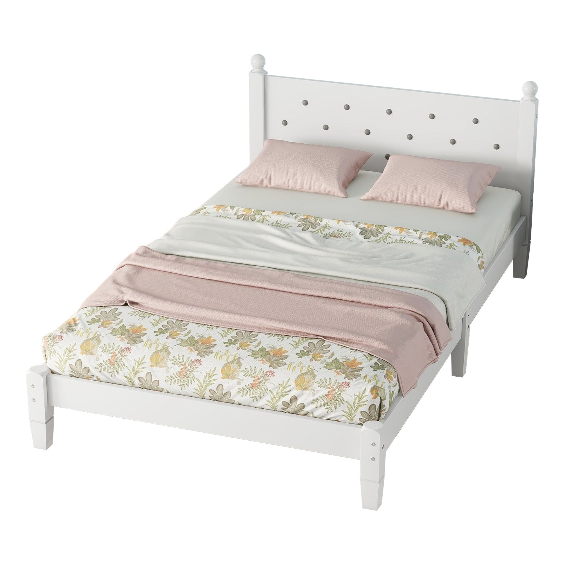 Twin Bed with Button-Decoration Headboard, with Bed Slats,White - Korvel