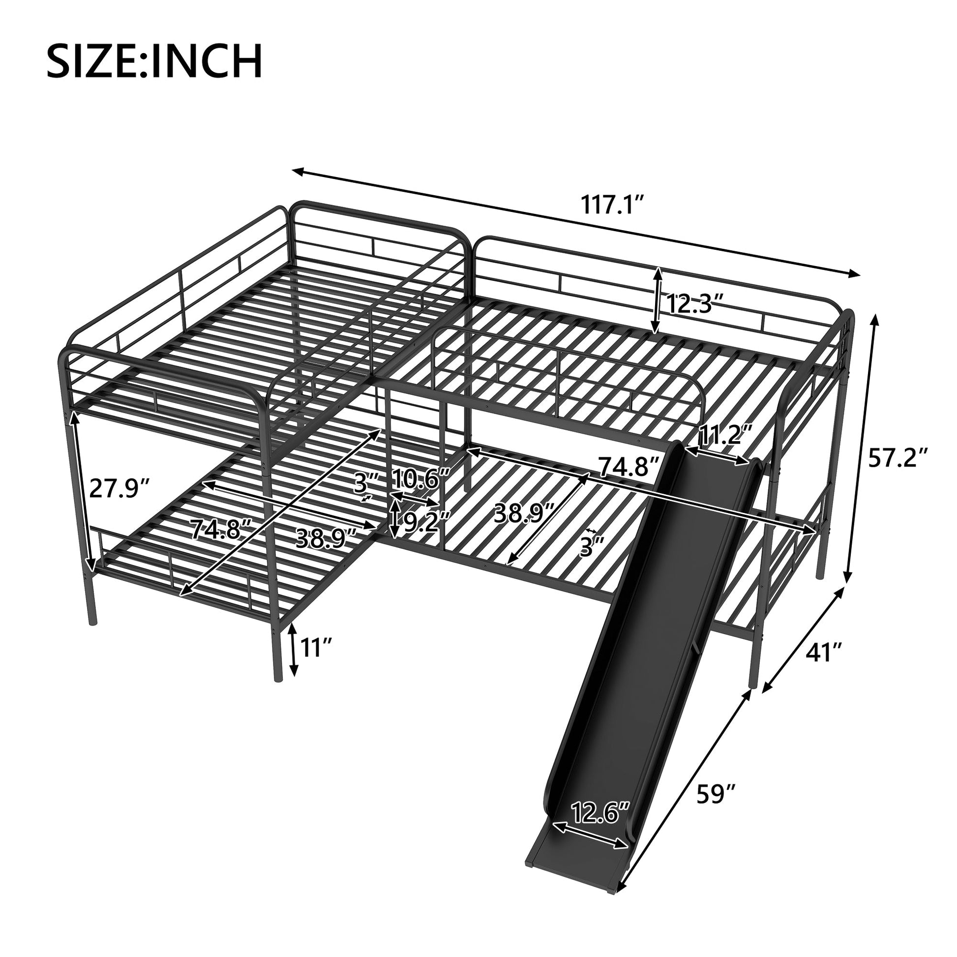 Twin Size L-Shaped Bunk Bed with Slide and Ladder  Black - Korvel