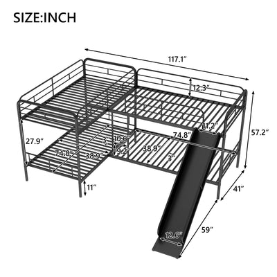 Twin Size L-Shaped Bunk Bed with Slide and Ladder  Black - Korvel