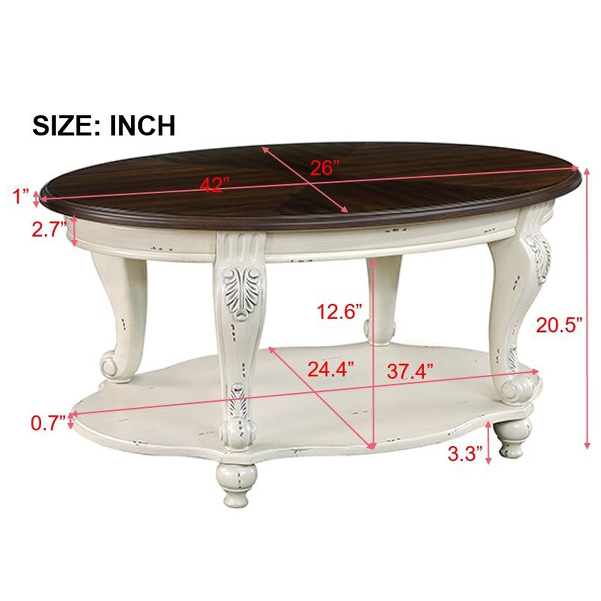 42 inch oval wooden coffee table, 2-story solid wood cocktail table with open storage rack, antique white and cherry tabletop - Korvel