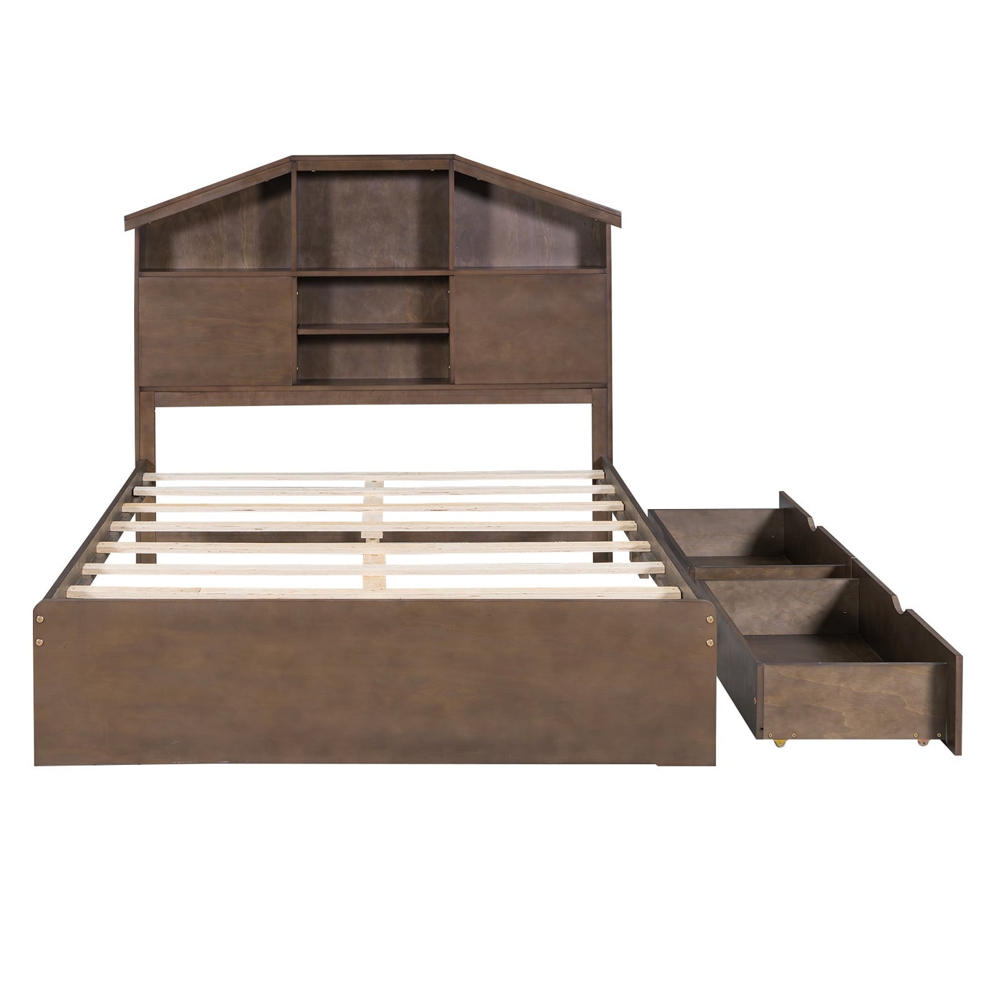 Cama Plataforma de Madera de Nogal de Tamaño Completo con Cabecera de Almacenamiento