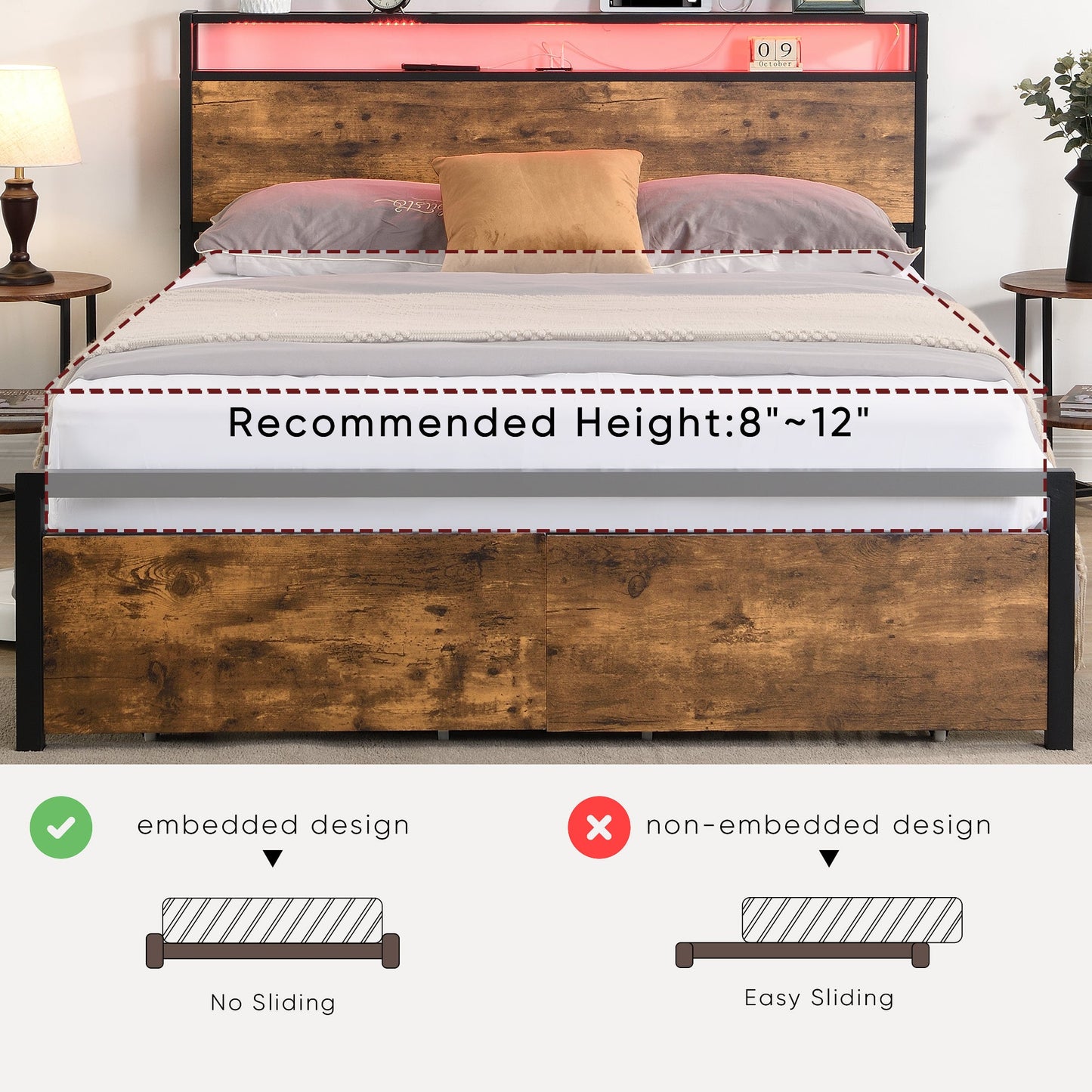 Full size bedstead with storage headboard and 2 drawers, LED light bed with charging station, metal Flat noodles support - Korvel