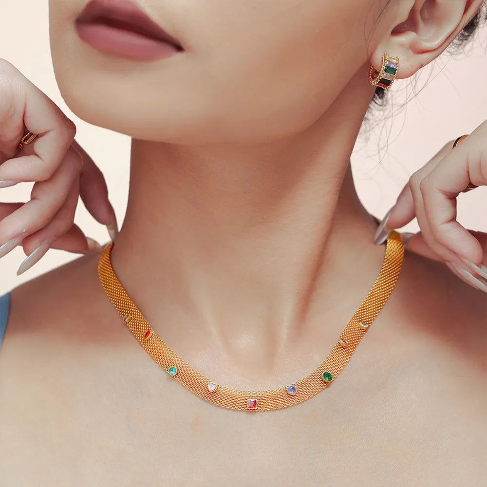 Geometric Colorful Zircon Necklace Titanium Steel PVD Plated Non Fading Jewelry - Korvel