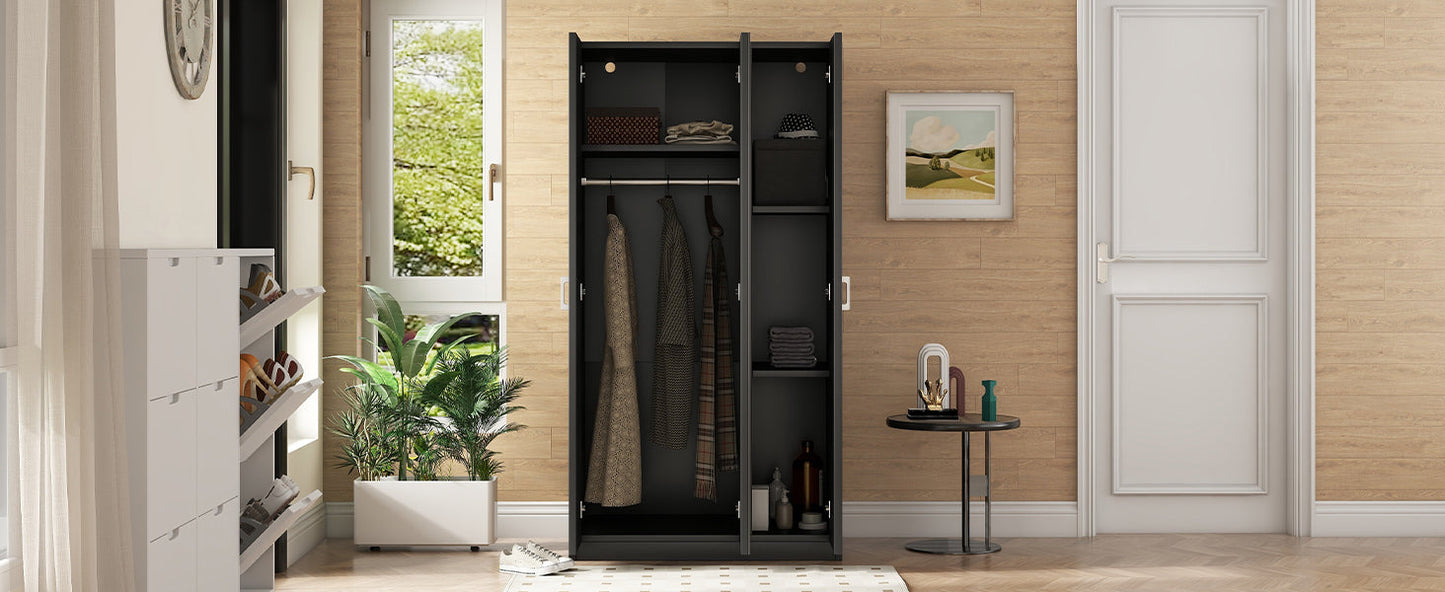 Elegant 3-Door Wardrobe with Mirror and Shelves in Black