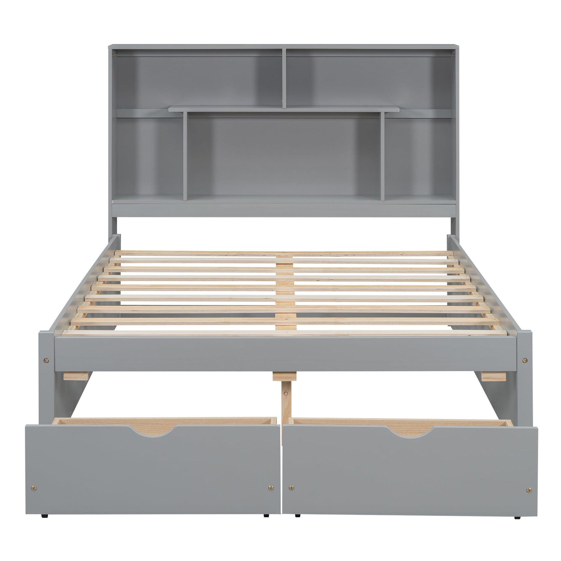 Full Size Platform Bed with Storage Headboard and 2 Drawers, Gray - Korvel