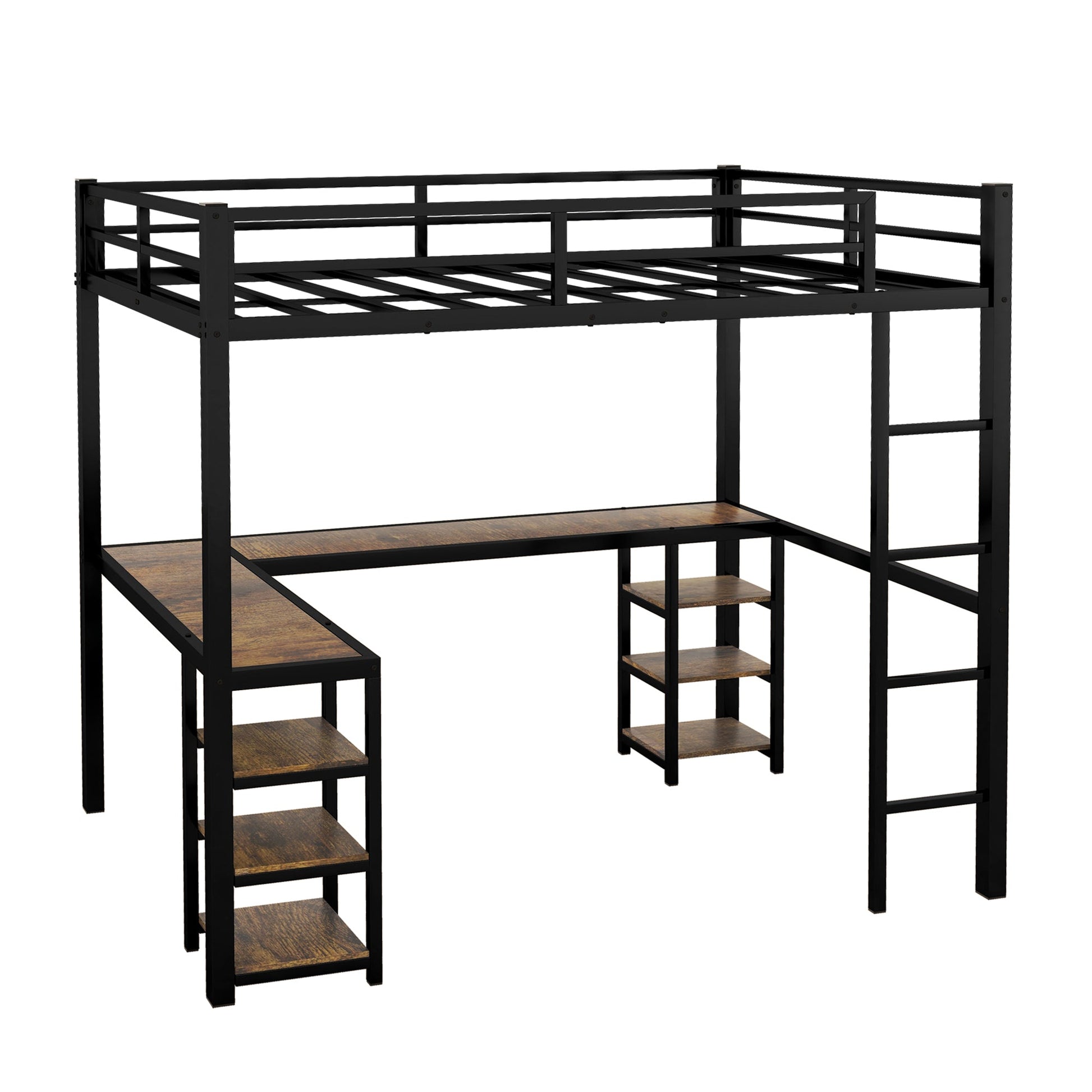 Full Metal Loft Bed with Desk and Shelves, Loft Bed with Ladder and Guardrails, Loft Bed Frame for Bedroom, Black - Korvel