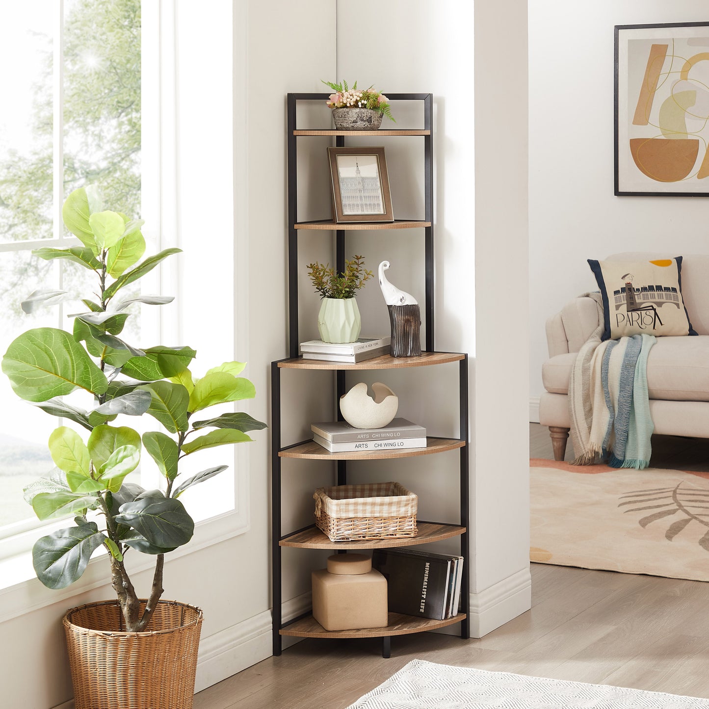 6-story corner open bookshelf modern bookshelf wooden frame independent bookshelf unit, country brown - Korvel